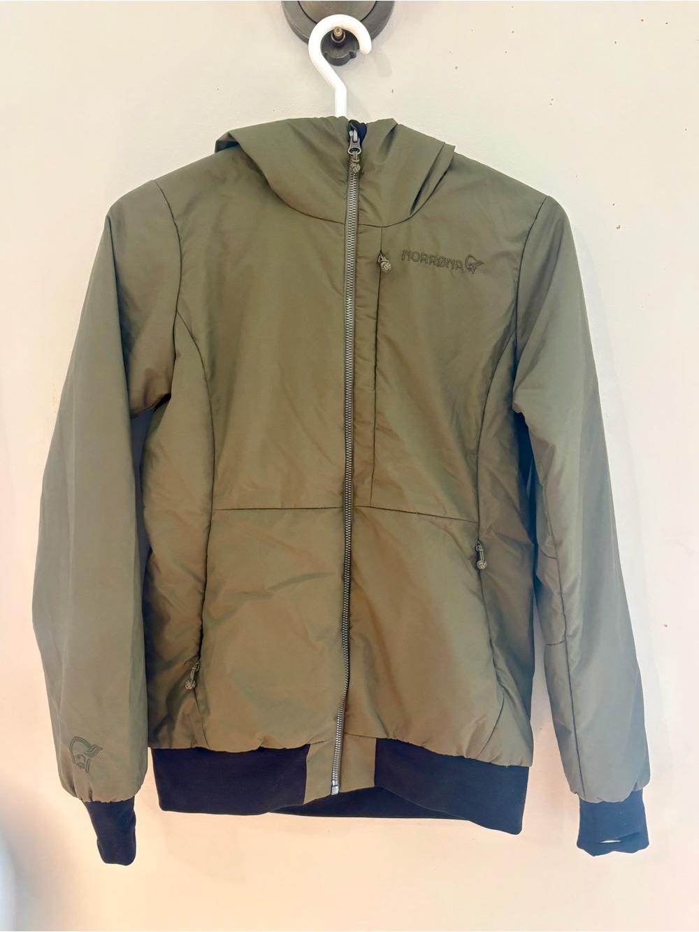 Norrøna womens Radial Olive lightly insulated Jacket, size XS scandi design